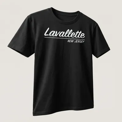 Retro script Lavallette New Jersey T-shirt design in white text. — printed on a unisex t-shirt (angled view)