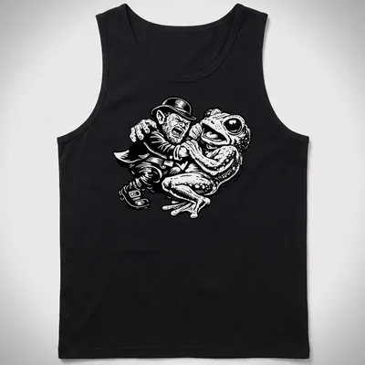Bold cartoon design of Leprechaun and Loveland Frogman in black and white — printed on a tank top