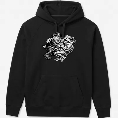 Bold cartoon design of Leprechaun and Loveland Frogman in black and white — printed on a unisex hoodie