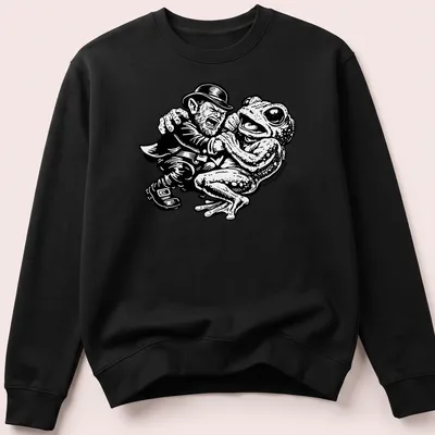 Bold cartoon design of Leprechaun and Loveland Frogman in black and white — printed on a unisex sweatshirt