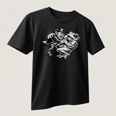 Bold cartoon design of Leprechaun and Loveland Frogman in black and white — printed on a unisex t-shirt (angled view)
