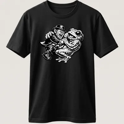 Bold cartoon design of Leprechaun and Loveland Frogman in black and white — printed on a unisex t-shirt