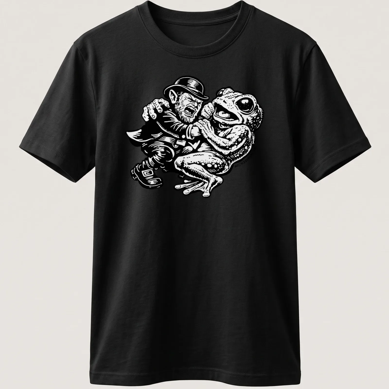 Bold cartoon design of Leprechaun and Loveland Frogman in black and white — printed on a unisex t-shirt