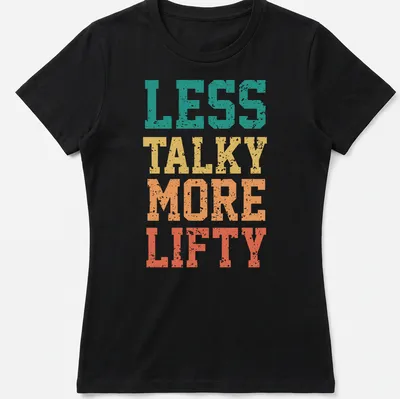 Retro distressed gym t-shirt with bold slogan in vibrant colors — printed on a women's shirt