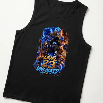 Gamer sitting on a throne with 'Level 23 Unlocked' text in vibrant colors — printed on a tank top