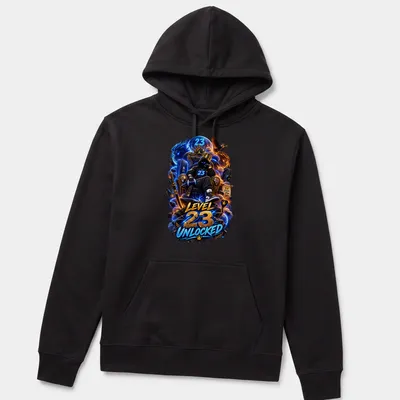 Gamer sitting on a throne with 'Level 23 Unlocked' text in vibrant colors — printed on a unisex hoodie