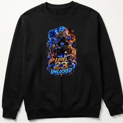 Gamer sitting on a throne with 'Level 23 Unlocked' text in vibrant colors — printed on a unisex sweatshirt