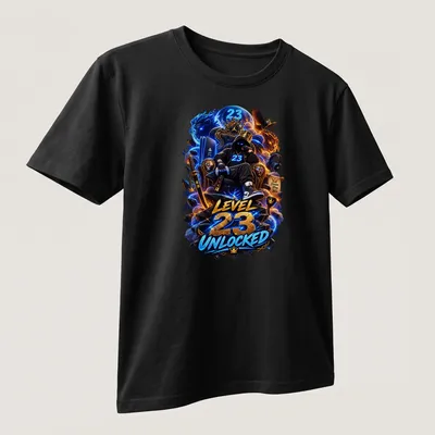 Gamer sitting on a throne with 'Level 23 Unlocked' text in vibrant colors — printed on a unisex t-shirt (angled view)