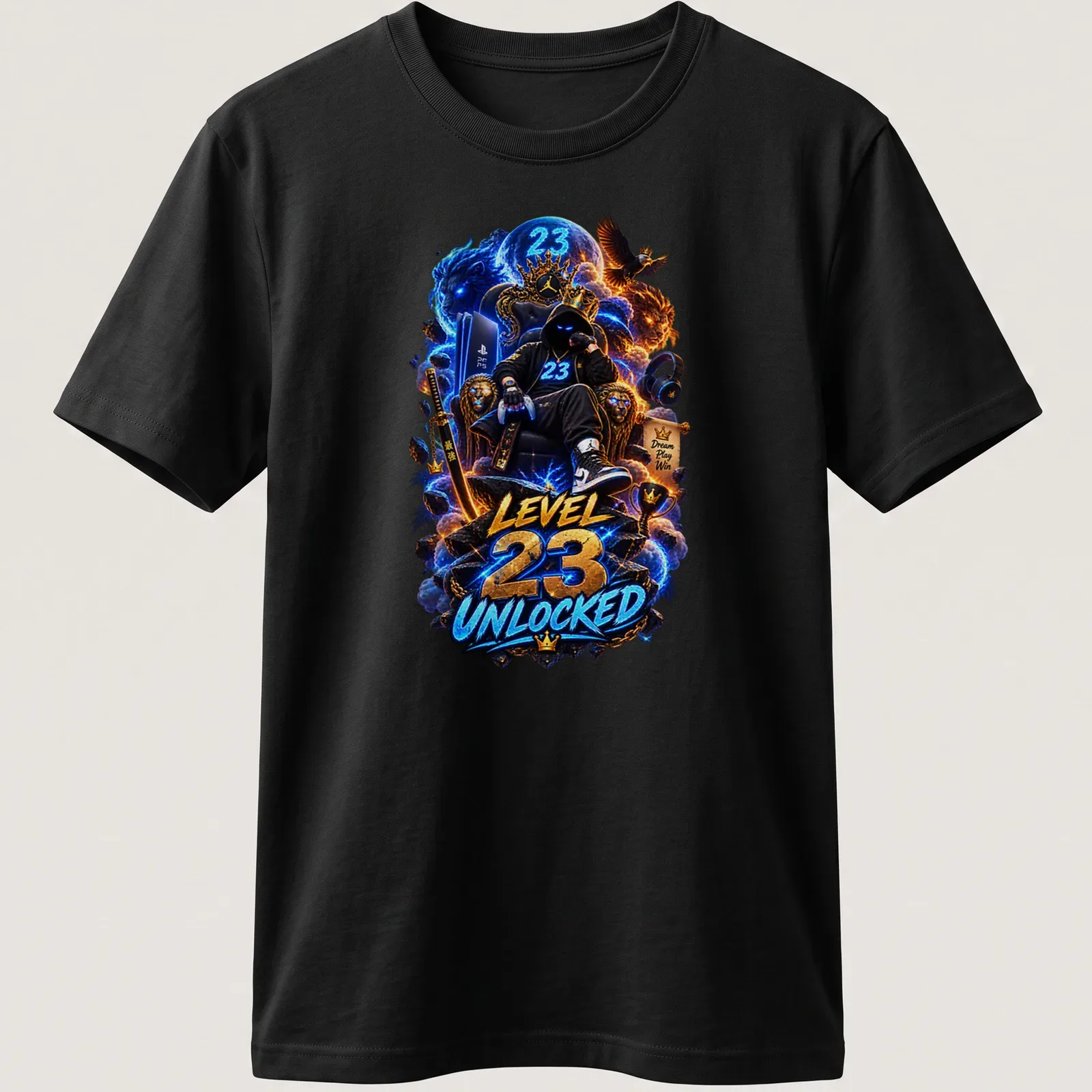 Gamer sitting on a throne with 'Level 23 Unlocked' text in vibrant colors — printed on a unisex t-shirt