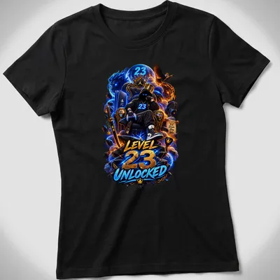 Gamer sitting on a throne with 'Level 23 Unlocked' text in vibrant colors — printed on a women's shirt