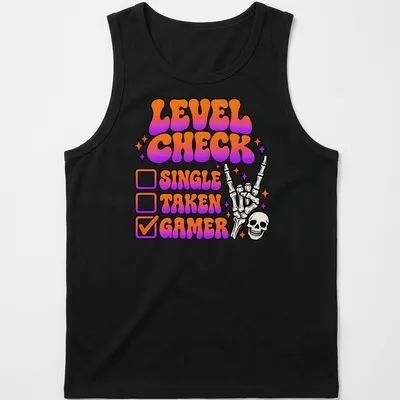 Colorful retro gamer t-shirt featuring a skeleton hand with peace sign and humorous checkboxes — printed on a tank top