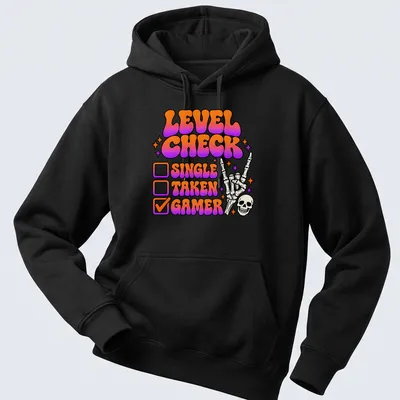 Colorful retro gamer t-shirt featuring a skeleton hand with peace sign and humorous checkboxes — printed on a unisex hoodie