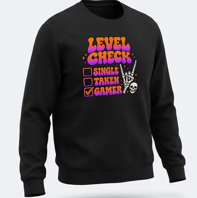 Colorful retro gamer t-shirt featuring a skeleton hand with peace sign and humorous checkboxes — printed on a unisex sweatshirt