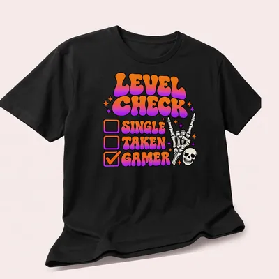 Colorful retro gamer t-shirt featuring a skeleton hand with peace sign and humorous checkboxes — printed on a unisex t-shirt (angled view)
