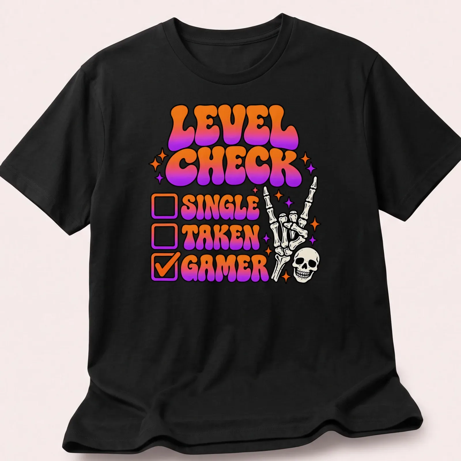 Colorful retro gamer t-shirt featuring a skeleton hand with peace sign and humorous checkboxes — printed on a unisex t-shirt