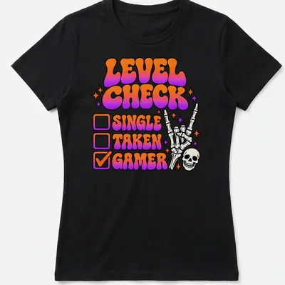 Colorful retro gamer t-shirt featuring a skeleton hand with peace sign and humorous checkboxes — printed on a women's shirt