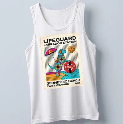 Retro geometric Lifeguard Labrador t-shirt featuring vibrant colors and a playful design — printed on a tank top
