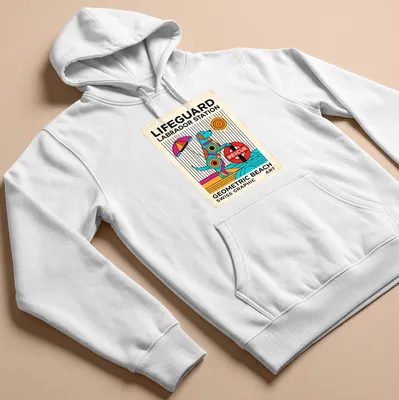 Retro geometric Lifeguard Labrador t-shirt featuring vibrant colors and a playful design — printed on a unisex hoodie