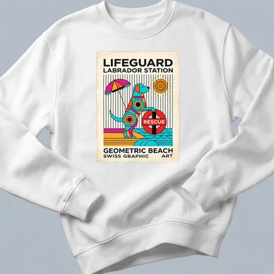 Retro geometric Lifeguard Labrador t-shirt featuring vibrant colors and a playful design — printed on a unisex sweatshirt