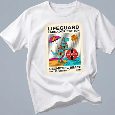 Retro geometric Lifeguard Labrador t-shirt featuring vibrant colors and a playful design — printed on a unisex t-shirt