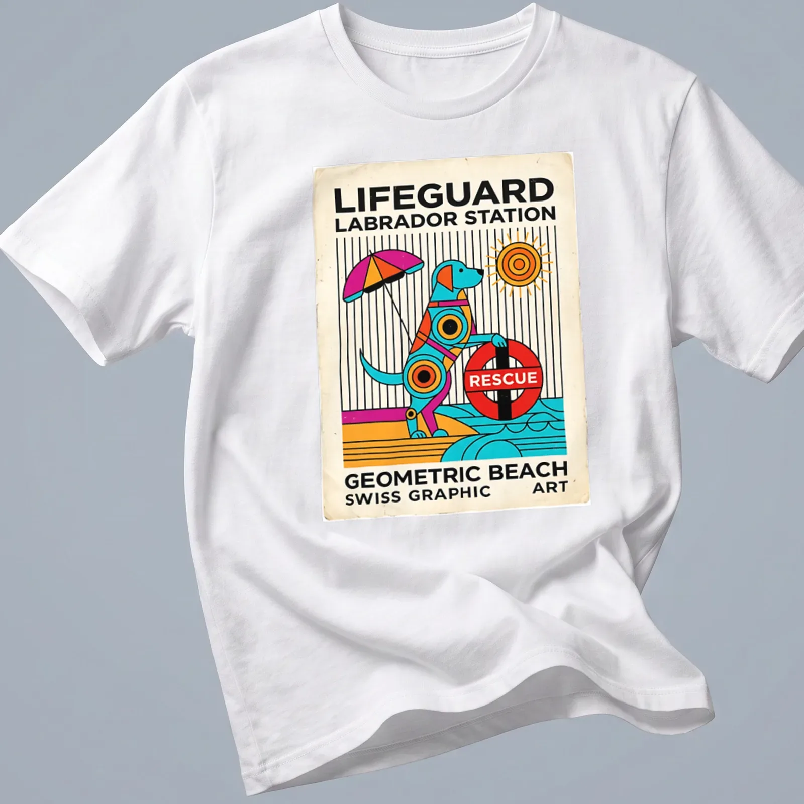 Retro geometric Lifeguard Labrador t-shirt featuring vibrant colors and a playful design — printed on a unisex t-shirt