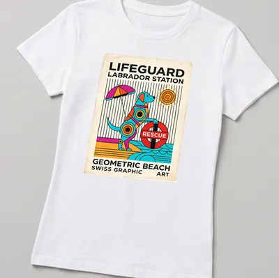 Retro geometric Lifeguard Labrador t-shirt featuring vibrant colors and a playful design — printed on a women's shirt