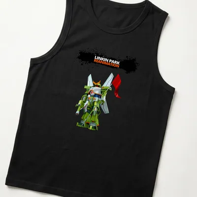 Anime-inspired robot graphic with Linkin Park Reanimation text in multiple colors. — printed on a tank top