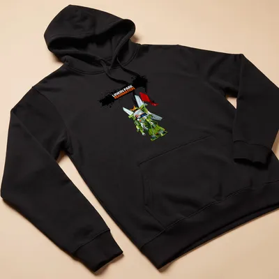 Anime-inspired robot graphic with Linkin Park Reanimation text in multiple colors. — printed on a unisex hoodie