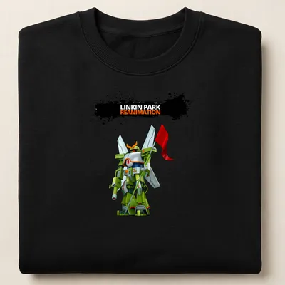 Anime-inspired robot graphic with Linkin Park Reanimation text in multiple colors. — printed on a unisex sweatshirt