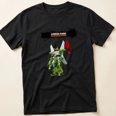 Anime-inspired robot graphic with Linkin Park Reanimation text in multiple colors.
