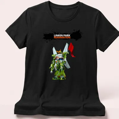 Anime-inspired robot graphic with Linkin Park Reanimation text in multiple colors. — printed on a women's shirt