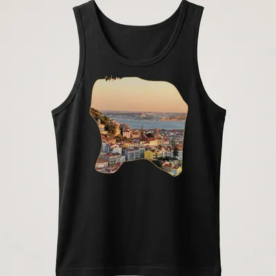 Photographic print of Lisbon's cityscape at sunset with vibrant colors — printed on a tank top