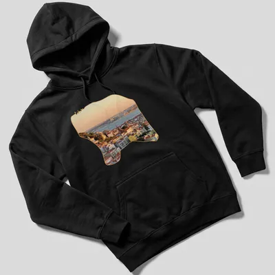Photographic print of Lisbon's cityscape at sunset with vibrant colors — printed on a unisex hoodie