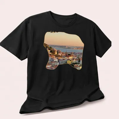 Photographic print of Lisbon's cityscape at sunset with vibrant colors — printed on a unisex t-shirt (angled view)