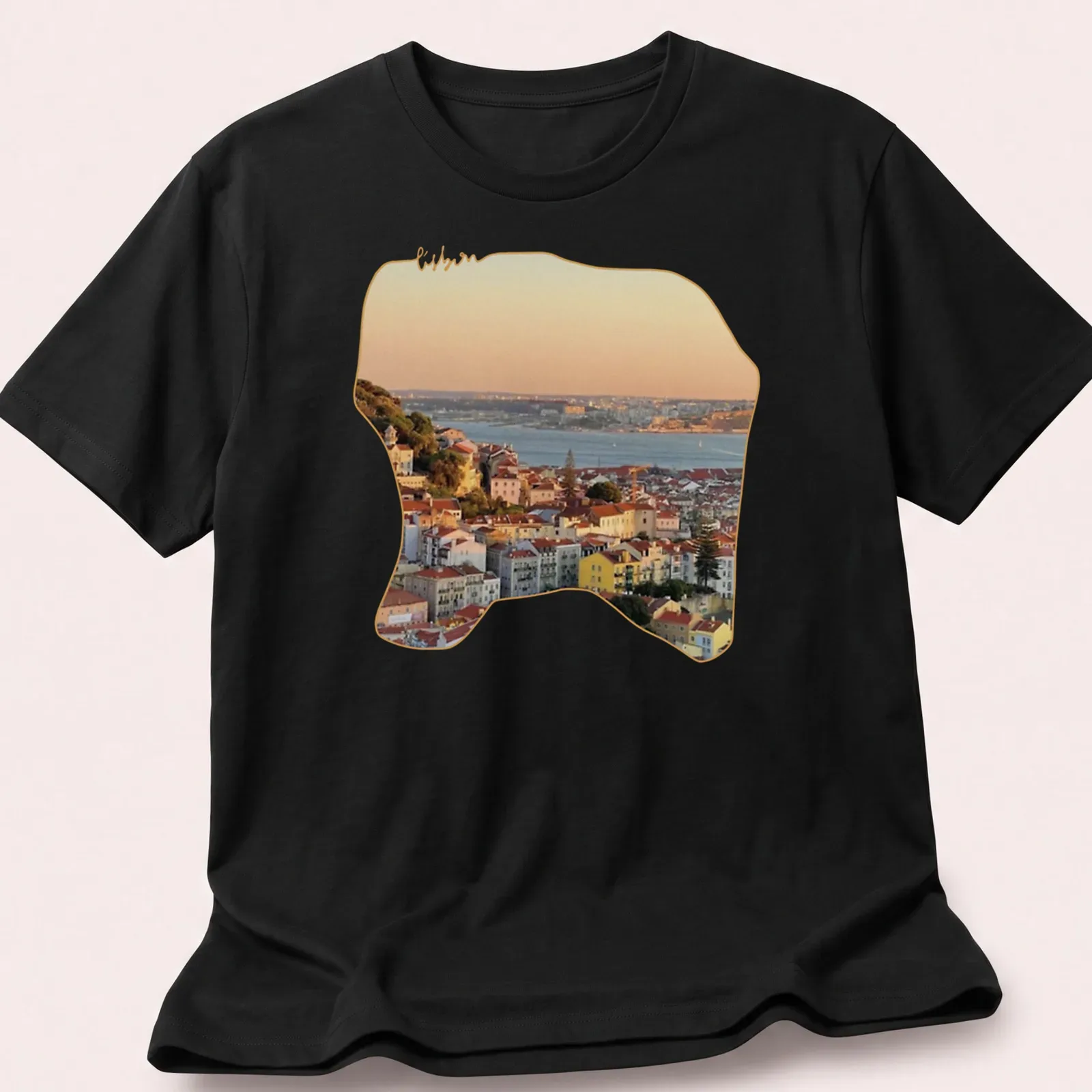 Photographic print of Lisbon's cityscape at sunset with vibrant colors — printed on a unisex t-shirt