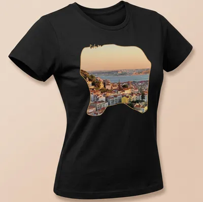 Photographic print of Lisbon's cityscape at sunset with vibrant colors — printed on a women's shirt
