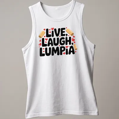 Playful typography of 'Live, Laugh, Lumpia' with food-themed graphics in vibrant colors — printed on a tank top