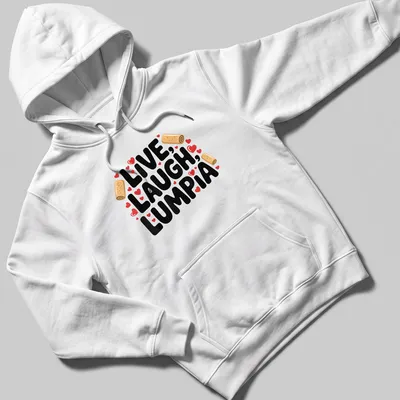 Playful typography of 'Live, Laugh, Lumpia' with food-themed graphics in vibrant colors — printed on a unisex hoodie