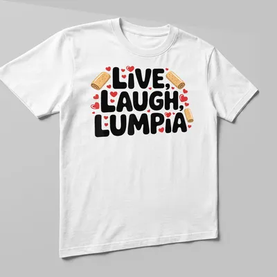 Playful typography of 'Live, Laugh, Lumpia' with food-themed graphics in vibrant colors — printed on a unisex t-shirt (angled view)
