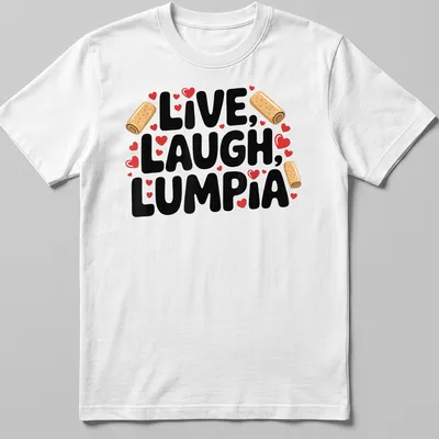 Playful typography of 'Live, Laugh, Lumpia' with food-themed graphics in vibrant colors