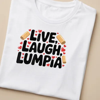 Playful typography of 'Live, Laugh, Lumpia' with food-themed graphics in vibrant colors — printed on a women's shirt