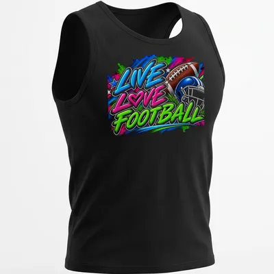 Colorful football-themed T-shirt with graffiti style and a helmet and ball — printed on a tank top