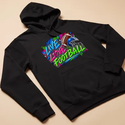Colorful football-themed T-shirt with graffiti style and a helmet and ball — printed on a unisex hoodie