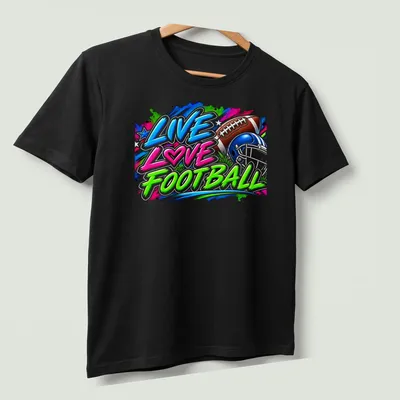 Colorful football-themed T-shirt with graffiti style and a helmet and ball — printed on a unisex t-shirt (angled view)