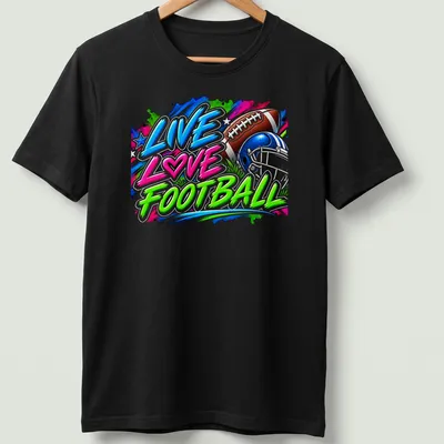 Colorful football-themed T-shirt with graffiti style and a helmet and ball