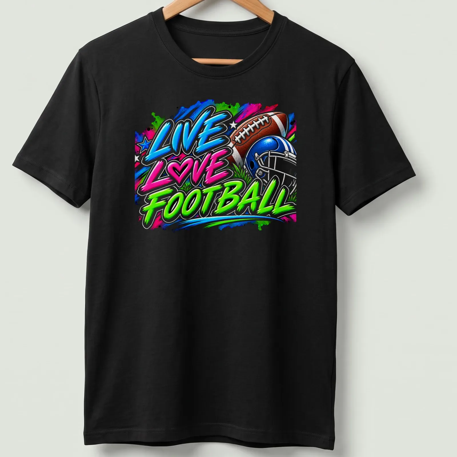 Colorful football-themed T-shirt with graffiti style and a helmet and ball — printed on a unisex t-shirt
