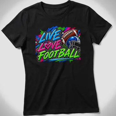 Colorful football-themed T-shirt with graffiti style and a helmet and ball — printed on a women's shirt
