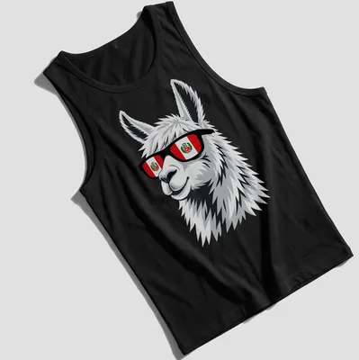 Cartoon llama in sunglasses with Peru flag colors in white and black — printed on a tank top