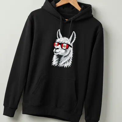 Cartoon llama in sunglasses with Peru flag colors in white and black — printed on a unisex hoodie