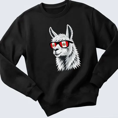 Cartoon llama in sunglasses with Peru flag colors in white and black — printed on a unisex sweatshirt